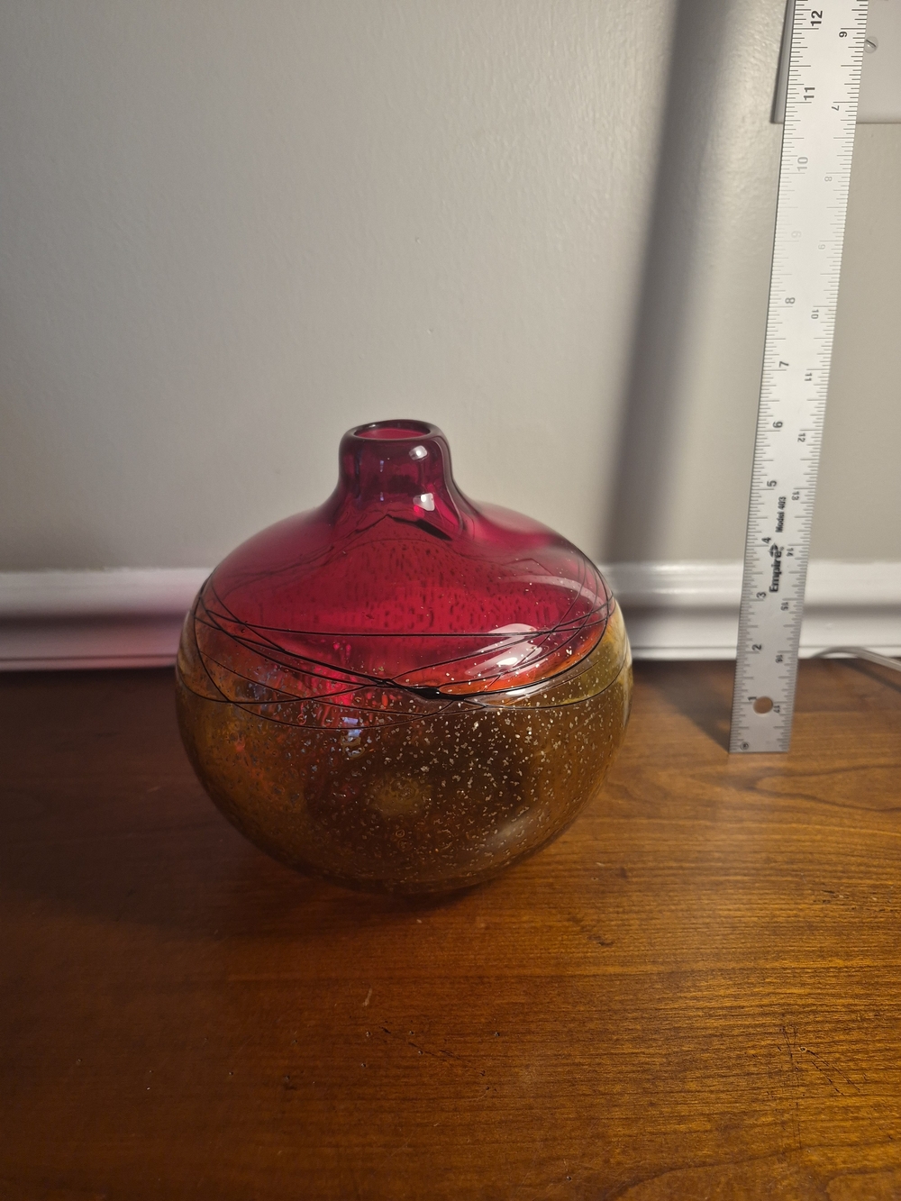 Handblown Glass Decorative Vase in Ruby Red and Amber